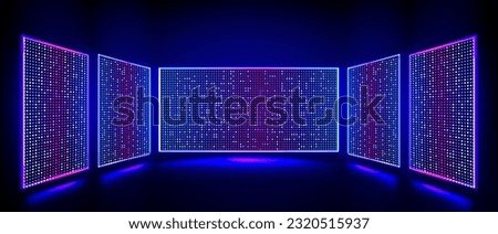 Led video walls, tv screens with light effect on stage. LCD video panels, displays with blue and pink color dots. Show studio or stadium scene with led monitors, vector realistic illustration Royalty-Free Stock Photo #2320515937