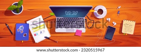 Top view of workplace with laptop. Vector cartoon illustration of old wooden desk, smartphone, documents and notebooks, cup of coffee, plant on table. Startup business office, education workspace