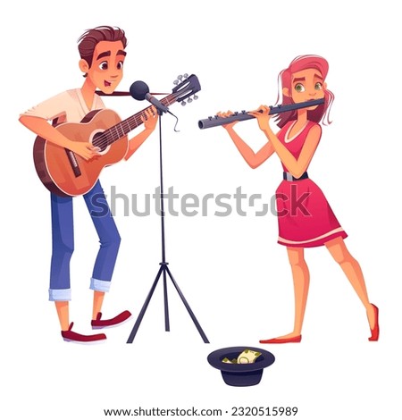Street musician people band vector illustration. Man singer with guitar and woman flute player concert performance isolated cartoon clipart. Money in hat for artist performer on festival entertainment