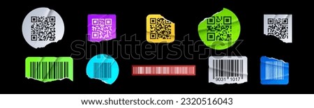 Torn barcode paper sticker label vector design. Bar code sign icon elements in round and square ruined shape with wrinkle. 3d realistic damage strip tag with fold clipart illustration collection