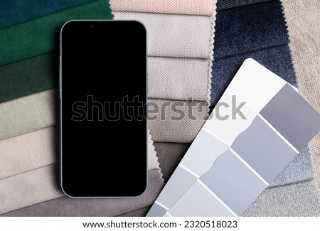 different types of fabrics with a pantone  color palette and iphone 