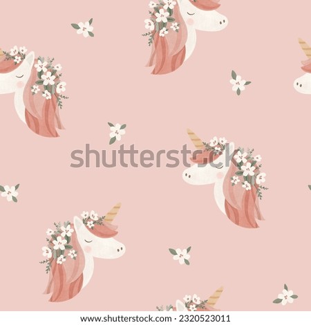 Baby seamless pattern. Cute unicorns on rose background. 
Can be used for wallpaper, fabric, gift paper, web page background, surface textures, gifts.