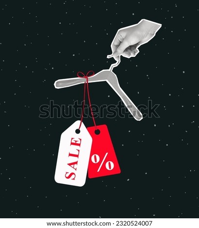 Contemporary art collage of hand holding hangers with sale price tags. Concept of shopping, Black Friday, big sales, buying products. Modern design. Copy space for ad.
