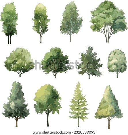 vector set of trees drawing by watercolor Royalty-Free Stock Photo #2320539093