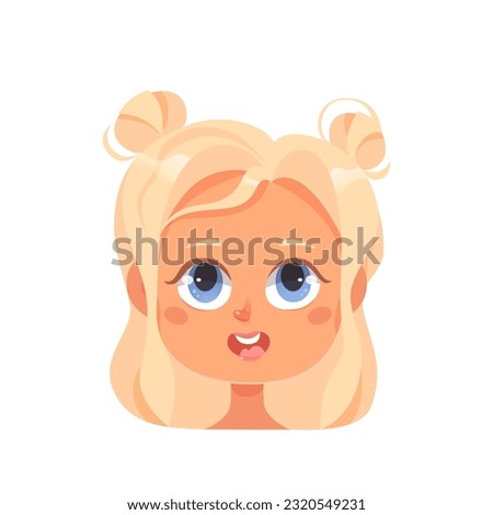 Girl face for avatar vector illustration. Cartoon isolated portrait of adorable kid with stylish blond hair and blue eyes, cute female head with pretty fashion hairdo for profile, funny stylish child Royalty-Free Stock Photo #2320549231