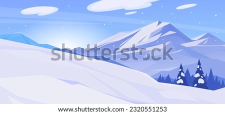 Beautiful background of a dark blue snowy mountain slope. Landscape view of a sunrise in the Alps with forest and fog. Panoramic concept for winter sports and travel. Cartoon vector illustration. Royalty-Free Stock Photo #2320551253