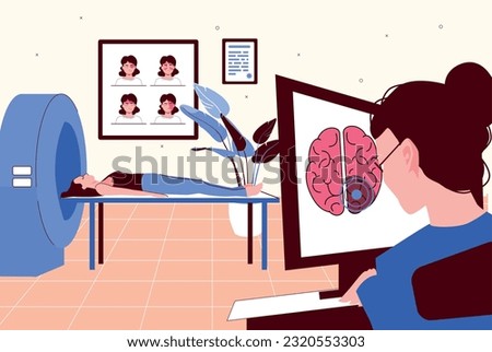 Headache pain flat composition with doctors office scenery and scanner apparatus with brain on medical computer vector illustration