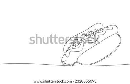 Continuous line drawing of hot dog, Black and white vector minimalist illustration of street food concept