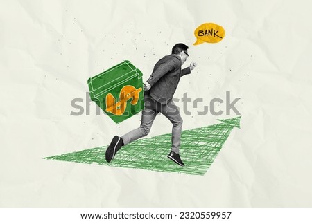Photo collage of successful rich high income businessman running with diplomat much money save in bank isolated over grey background Royalty-Free Stock Photo #2320559957