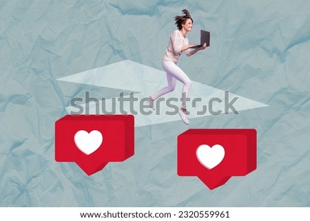 Artwork image 3d collage sketch of happy positive lady hurrying work chatting talking video call writing typing sms modern netbook