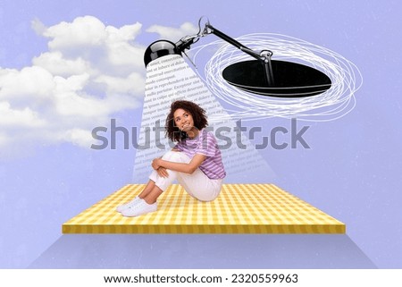 Artwork picture 3d image collage sketch of lovely dreamy lady sit board under lamp illumination isolated on painted blue color background