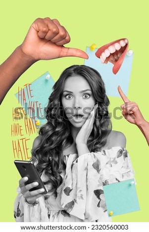 Photo graphics collage of impressed unhappy lady getting hate messages apple samsung iphone device isolated drawing background