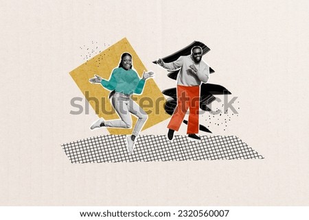 Photo comics sketch collage picture of funky cool lady guy having fun dancing together isolated creative background