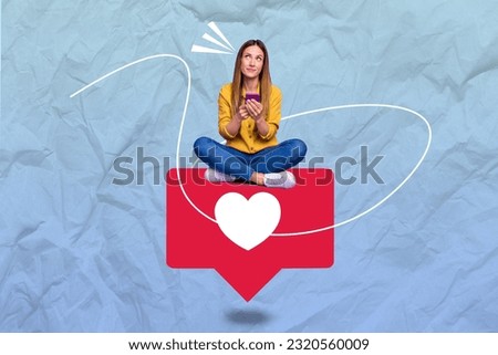 Collage picture of minded mini girl sitting huge like notification use smart phone brainstorming isolated on paper background Royalty-Free Stock Photo #2320560009