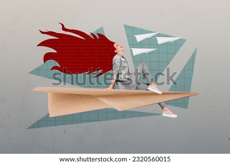 Collage image of mini positive girl sit flying huge paper plane book text page instead hair isolated on creative background