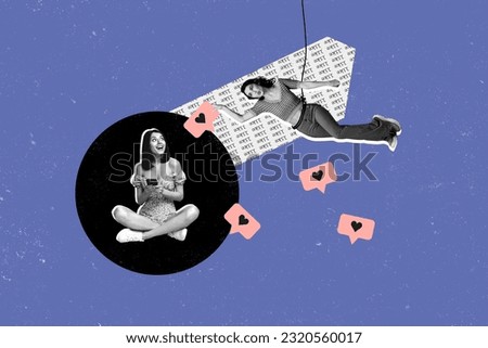 Template collage of lady writing her blog n facebook social network receive many like feedback from flying string person