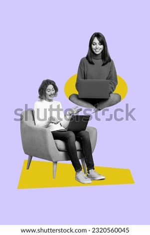 Vertical creative collage picture of two young friends communicating messenger app discord video call laptops isolated on violet background