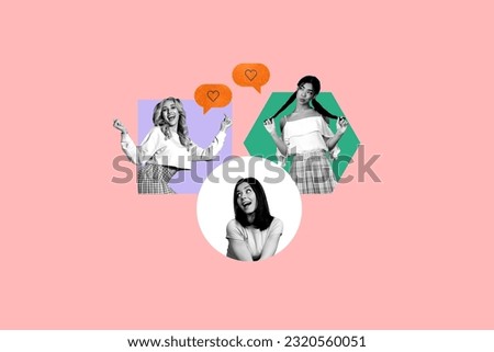 Creative composite photo collage of fancy gorgeous girls posting photos in social media to get likes isolated on pink color background