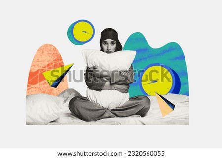 Drawing painting template collage of frustrated lady hug pillow no sleep insomnia early morning wake up
