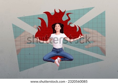Picture artwork sketch collage of focused concentrated smiling girl jump up fly air meditate isolated on painted color background