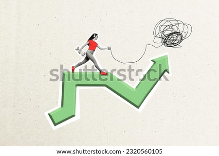 Artwork collage image of black white effect mini girl hold skateboard string running growing upwards huge arrow isolated on creative background