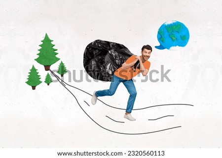 Artwork collage picture of excited smiling guy cleaning nature forest isolated drawing background