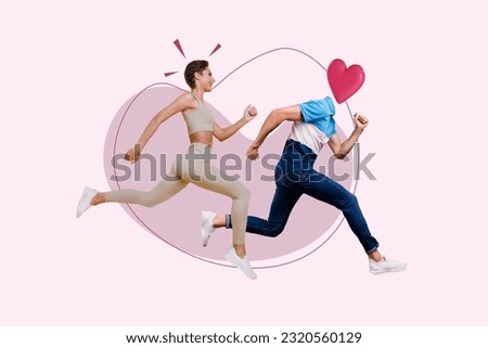 Poster banner collage of two people lady guy with heart face running fast for 14 february discount