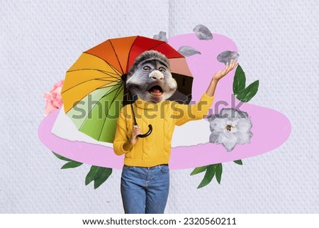 Creative collage picture of girl monkey head hold umbrella arm catch flying flower petals isolated on drawing paper background