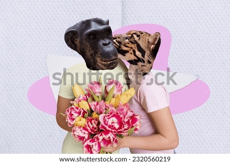 Composite illustration creative design collage masquerade gorilla monkey gift tulips bunch kiss cheek leopard isolated on violet background