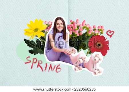 Creative collage picture of positive carefree girl tying vintage rollerblades laces fresh spring flowers isolated on paper background
