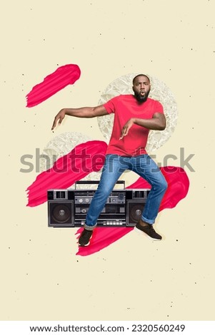 Creative 3d photo artwork graphics collage painting of funny carefree guy listening boom box having fun isolated drawing background