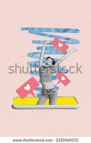 Picture sketch collage image of smiling carefree lady getting positive feedback iphone apple samsung device isolated creative background