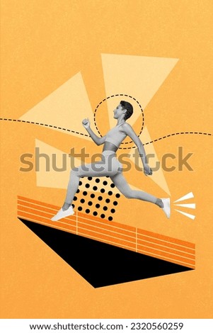 Artwork image collage picture of happy motivated sportive girl preparing summer vacation running cross isolated on painted background