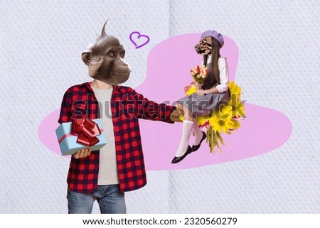 Creative collage of monkey head guy hold giftbox flowers bouquet mini leopard girl isolated on painted paper background