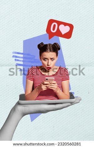 Vertical composite creative photo collage of disappointed young woman look at smartphone zero likes on post isolated drawing background