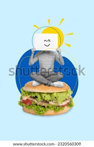 Poster 3d collage picture banner of funky person sitting big size meat burger demonstrate paper sheet call refuse unhealthy food
