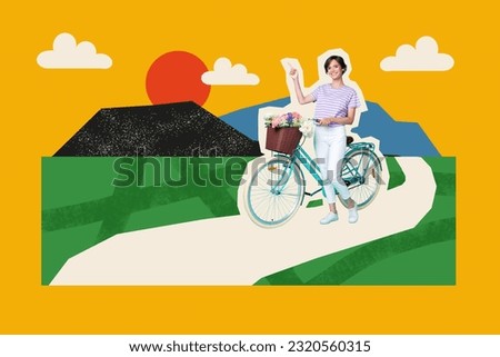 Creative painting collage template of happy cyclist lady have summertime recreation in rural country beautiful scene