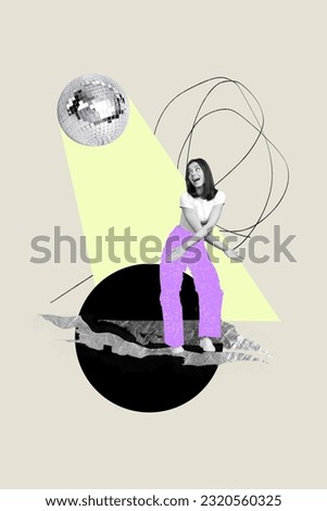 Vertical creative composite illustration photo collage of pleasant girl having fun enjoy music dancing isolated on drawing background