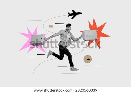 Advert poster collage banner of young guy tourist run fast rush for his flight for summer holiday