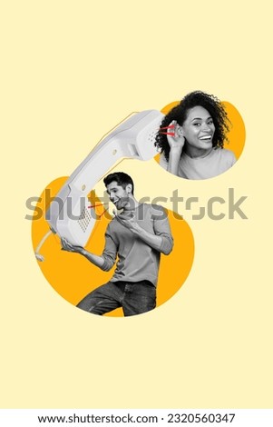 Vertical poster collage sketch artwork of two cheerful people best friends lovers discussing retro telephone isolated on beige background Royalty-Free Stock Photo #2320560347