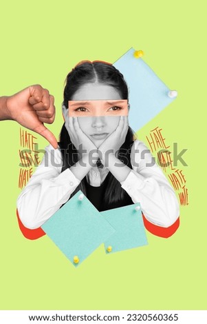 Vertical collage of arm demonstrate thumb down black white effect unsatisfied gloomy girl suffer hate memo stickers isolated on green background Royalty-Free Stock Photo #2320560365