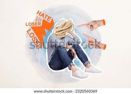 Photo collage picture illustration of headless ropes face mocking fingers man loser society pressure haters isolated on drawn background Royalty-Free Stock Photo #2320560369