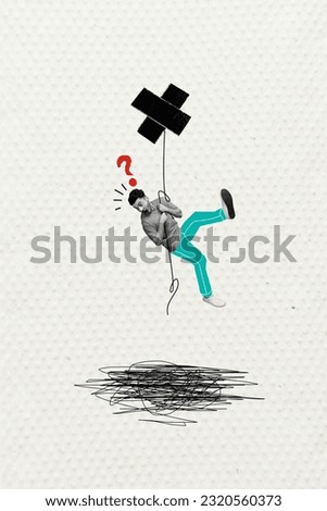 Vertical image sketch poster collage picture of embarrassed guy hold rope falling down dangerous precipice isolated on painted background