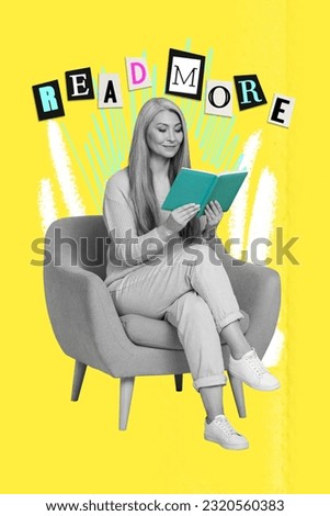 Photo sketch collage picture of happy smiling senior lady reading interesting book isolated yellow color background