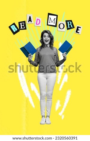 Collage graphics picture of funky excited lady asking read more interesting books isolated yellow color background