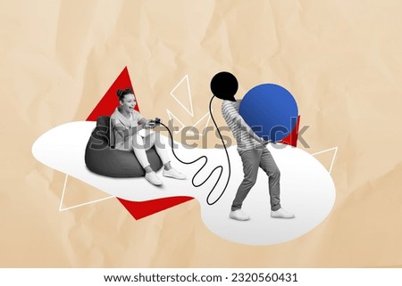 Picture image sketch of two people weird faceless slave marionette hold heavy ball addicted fake news isolated on drawing background