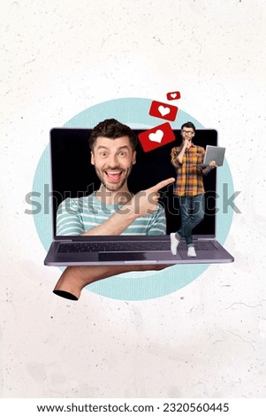 Income notification much followers likes collage concept popular techno blogger guy use his modern laptop isolated on white background