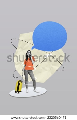 Image sketch collage picture of happy girl hold valise speaking phone reserving tickets taxi hotel isolated on grey color background
