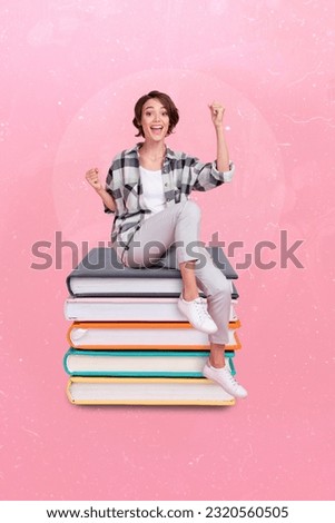 Photo collage artwork minimal picture of funky lucky lady successfully getting knowledge isolated creative background