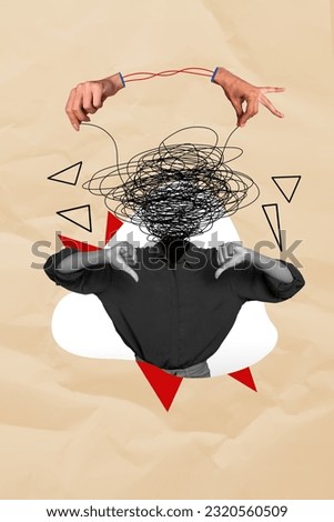 Vertical collage image of arms hold painted string mess instead person head demonstrate thumb down gesture isolated on beige paper background Royalty-Free Stock Photo #2320560509